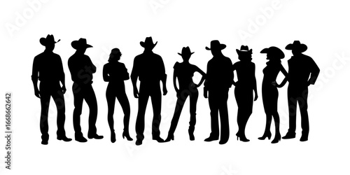 Silhouette of cowboys wearing hats vector illustration group of people western theme isolated on white background.icon