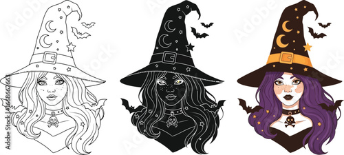 Three witch illustrations in different styles for halloween designs
