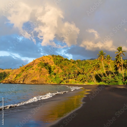 Tropical beach scene at sunrise