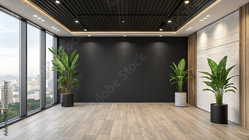 Style featuring a modern kitchen room setting. The layout includes a light wooden floor and a large.