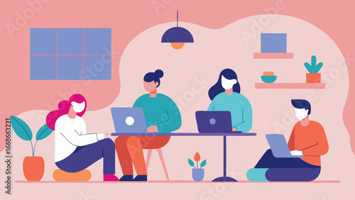 People working remotely from home using laptops and tablets in a cozy and modern environment