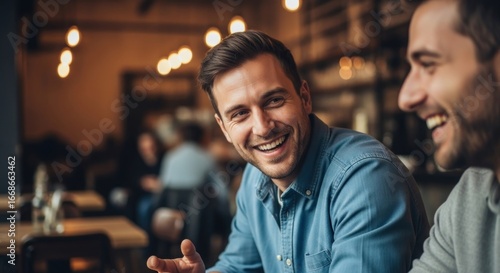 Happy men laughing cafe conversation