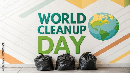 World Cleanup Day Promotional Material with Garbage Bags and Globe