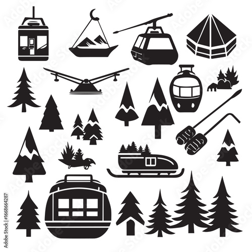Collection of winter mountain resort icons and symbols including ski lifts gondolas cable cars ski slopes trees and snowmobiles for travel and recreation