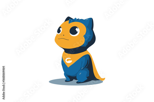 Illustration of a cartoon superhero animal with a cape and a serious expression sitting down calmly