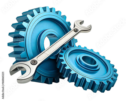 Close up of a silver wrench resting on two interlocking blue gears against a black background