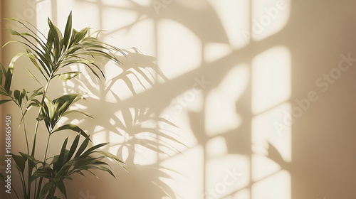 Sunlight filters through window, casting soft shadows of potted plant with long, slender leaves on beige wall, creating calm and peaceful atmosphere