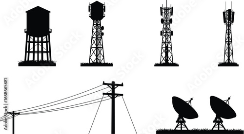 Telecommunication tower vector illustration set, radio antennas, satellite dish, power lines, water tower, signal transmission and communication design