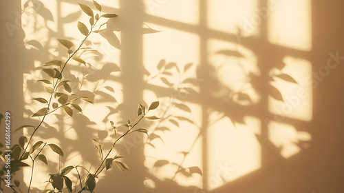 Warm sunlight creates intricate shadows of leaves and window panes on wall, evoking peaceful and cozy atmosphere with natural, minimalistic aesthetic