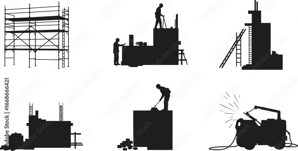 Fototapeta premium Construction workers vector silhouettes, scaffolding, welding, building site, masonry, industrial labor, architecture and civil engineering illustration design