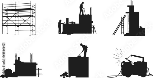 Construction workers vector silhouettes, scaffolding, welding, building site, masonry, industrial labor, architecture and civil engineering illustration design