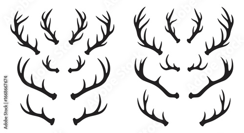 A collection of various deer antler silhouettes in different shapes and sizes
