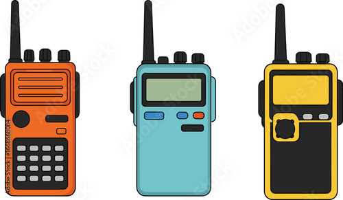 Set of colorful walkie talkies isolated on white background, cartoon style communication radios for emergency, outdoor, police, and rescue use