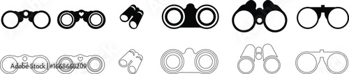 Binocular field glasses icon set are optical instruments designed to allow both eyes to view magnified images of distant objects simultaneously for diverse applications design and visual communication