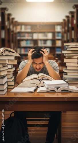 Overwhelmed student sits amidst stacks of books in a library, hands gripping his head in frustration, showing stress and exhaustion from studying