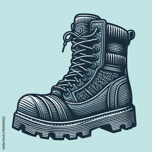 Detailed illustration of a rugged hiking boot on light background | outdoor gear graphic design concept