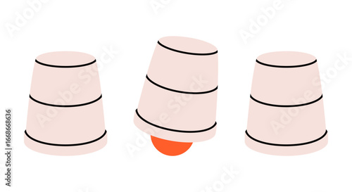 Hand drawn cute illustration of thimblerig. Flat vector three cups and ball game doodle. Choose best option. Fortune in busking game. Gamble bet icon or sticker. Good decision symbol. Isolated