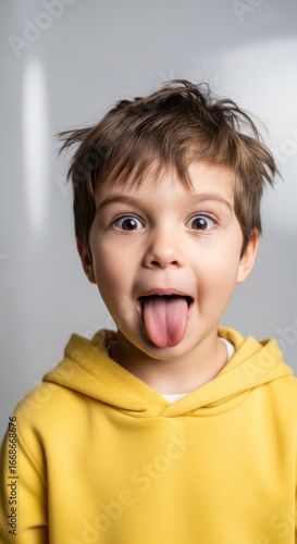 Playful child with messy hair sticking out tongue in bright yellow hoodie against a neutral background