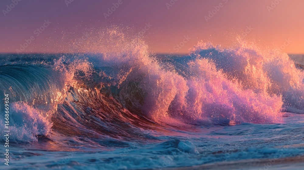 Naklejka premium Ocean's Embrace: Witness the raw power and serene beauty of the ocean as a colossal wave crashes. Capturing a moment of natural artistry, with the sky ablaze in hues of pink and orange.