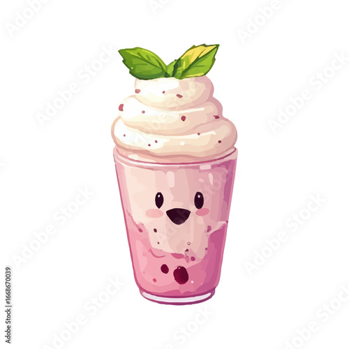 strawberry ice cream. Pink drink in a tall glass with mint leaves. Vector illustration for design.
