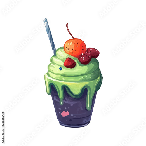 cupcake with candle. A cocktail in a tall glass with berries and sweets. Children's illustration. Vector on a white background.