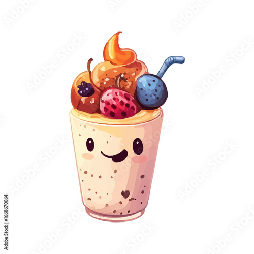 ice cream with berries. A cocktail in a tall glass with berries and sweets. Children's illustration. Vector on a white background.
