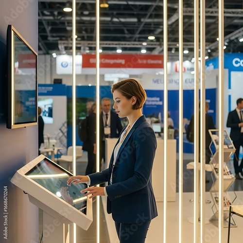 Woman interacting with a touch screen kiosk at a trade show.