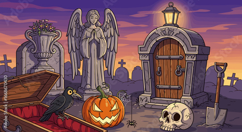 A spooky halloween scene with a graveyard, angel statue, coffin, pumpkin, and other halloween elements