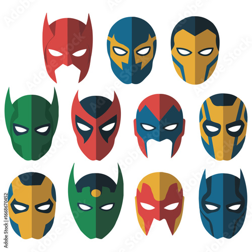 Comic superhero man and woman masks set flat cartoon style isolated vector illustration on white background