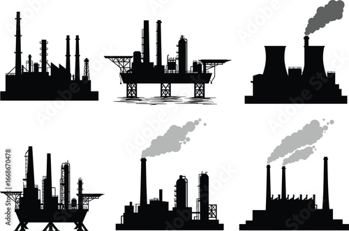 Industrial factory and oil refinery vector silhouettes, power plant, oil rig, smoke pollution, black white graphic illustration energy industry design