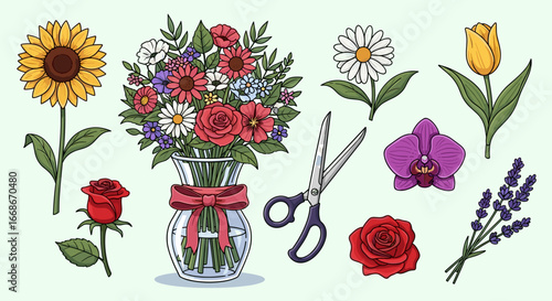 Illustration of a flower arrangement in a vase with a bow and various individual flower types around it