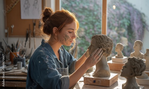 Young woman sculptor working on clay bust in studio