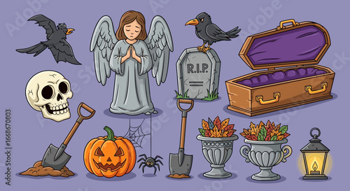 A spooky halloween scene featuring a skull, angel, crow, coffin, pumpkin, and grave on a purple background