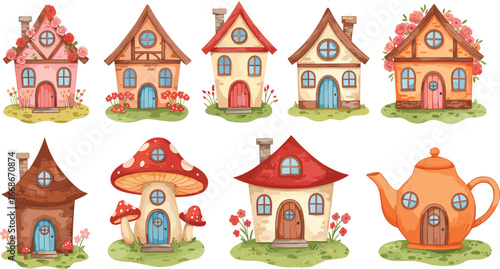 Whimsical Fairy Tale Cottage Houses, Cute Fantasy Homes Illustration, Mushroom House, Teapot House, Garden Homes for Children Book Art