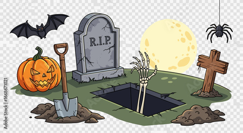 A halloween themed illustration with a graveyard, pumpkin, bat, spider, and skeleton hand rising up
