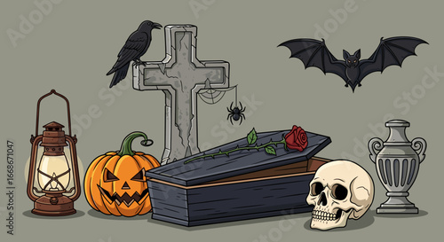 A spooky halloween scene with a coffin, skull, pumpkin, bat, crow, tombstone and other halloween elements