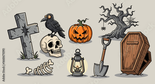 Halloween themed illustration featuring a tombstone, skull, crow, pumpkin, tree, and coffin in a spooky scene