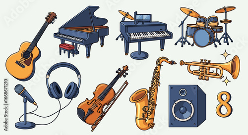 Illustration of various musical instruments including guitar piano drums and brass instruments in a group