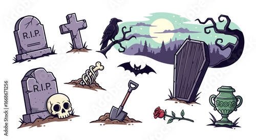 A spooky graveyard scene with tombstones, a crow, a coffin, and other halloween themed decorations