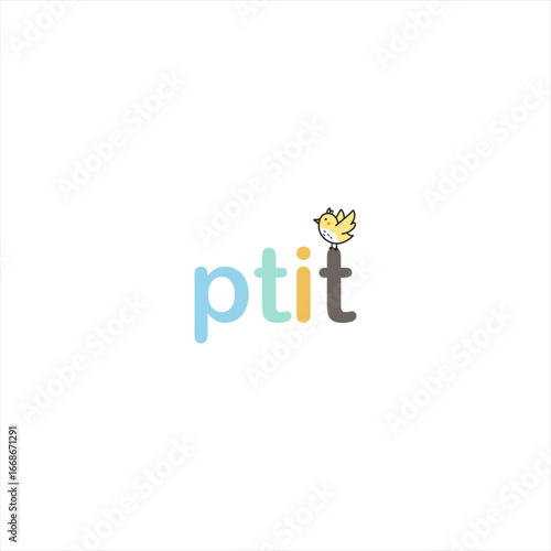 Ptit logo with a cute bird perched on the letter i isolated on white background
