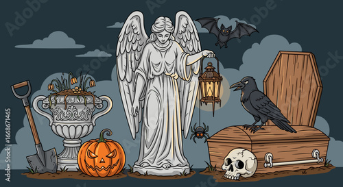 A halloween scene featuring an angel statue, pumpkin, grave, coffin and a raven in the night