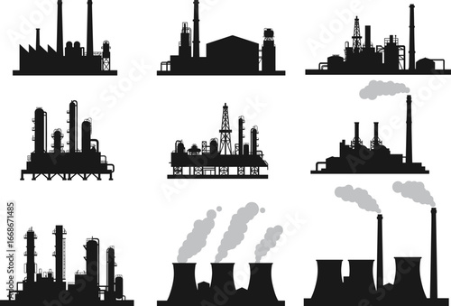 Black silhouette industrial factory vector set with refinery, power plant, oil industry, chimneys with smoke, energy production, heavy manufacturing, engineering, modern industry illustration