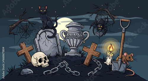 A spooky graveyard scene with a black cat on a tombstone and a spider hanging from a bare branch at night