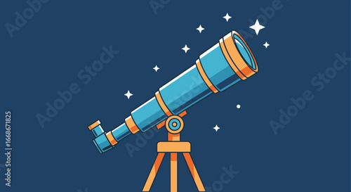 Illustration of a blue telescope on a tripod pointing up at white stars against a dark blue background