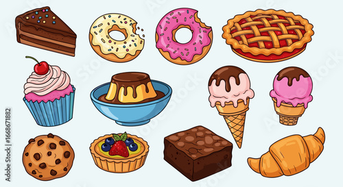 Collection of various desserts including cake donuts ice cream pie and other sweet treats displayed together