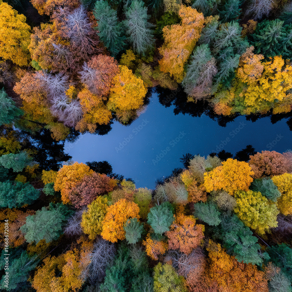 Fototapeta premium Aerial view of a winding river surrounded by autumn forest and mountains. Golden foliage, turquoise water, and rolling hills create a stunning, peaceful landscape.
