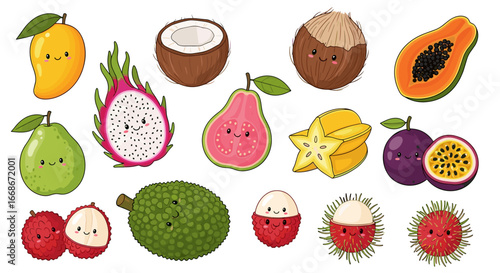 Illustration of various cute tropical fruits including mango coconut papaya and dragon fruit with happy faces