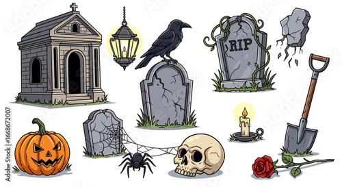 A halloween themed illustration with a crypt, tombstones, crow, pumpkin, skull and other elements