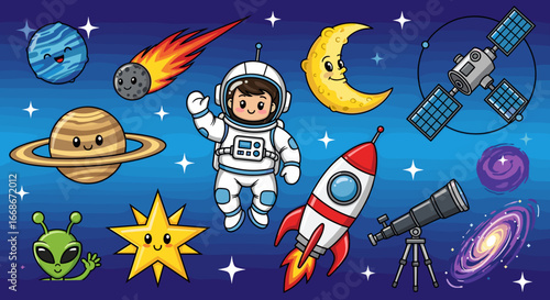 Illustration of a cartoon astronaut, planets, stars, and space objects on a blue gradient background