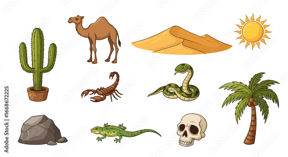 Naklejka premium Illustration of desert elements including a camel, cactus, sand dune, and desert animals scene